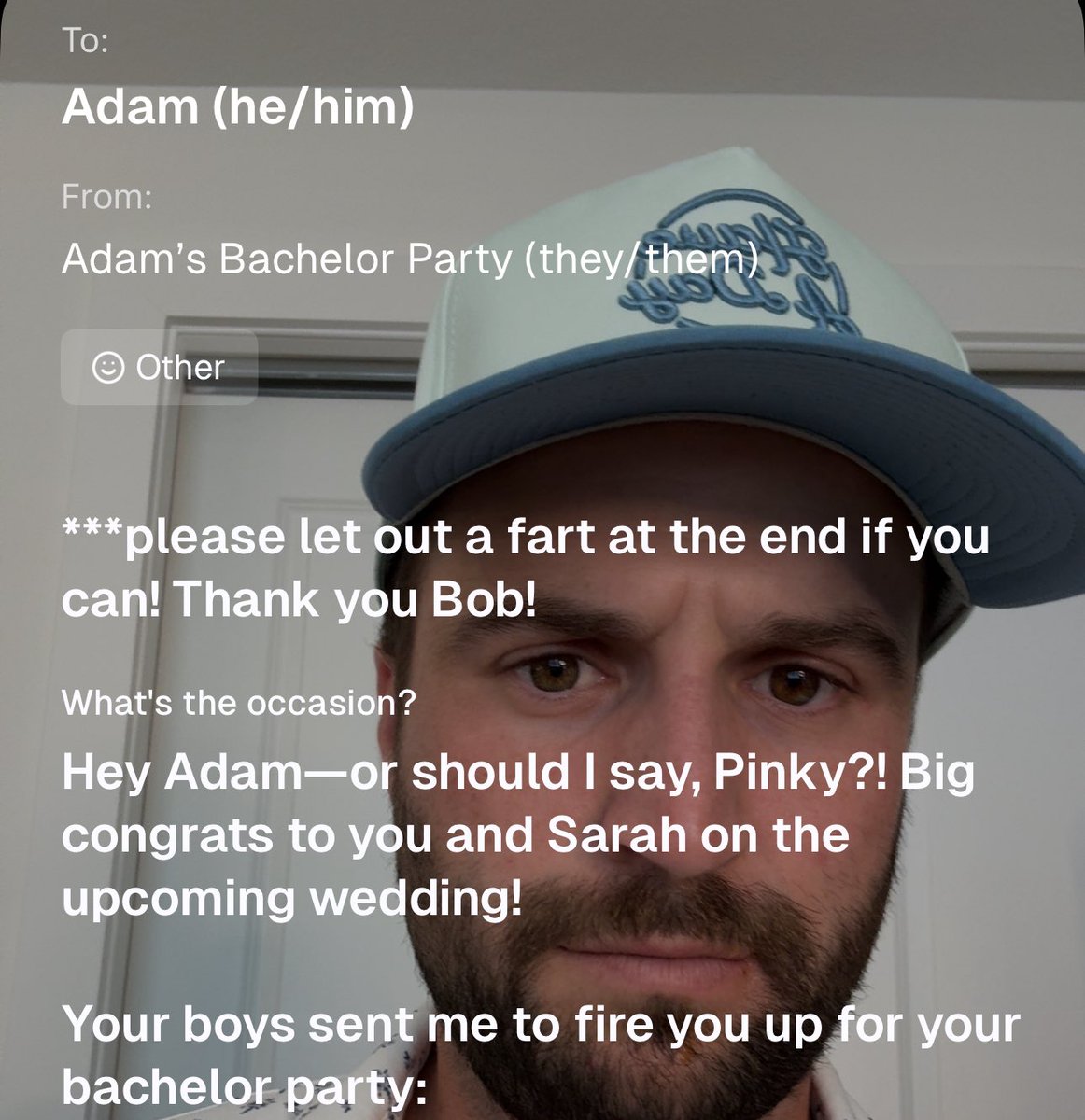 RobbyBerger's tweet image. First time I’ve been asked to fart on command via a cameo. Felt bad for Adam, I had nothing in the tank. What a world.
