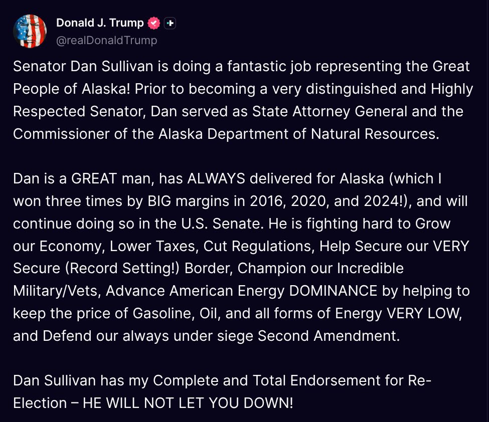 NRSC's tweet image. Senator @DanSullivan_AK has President @realDonaldTrump’s COMPLETE AND TOTAL ENDORSEMENT! 🇺🇸💪