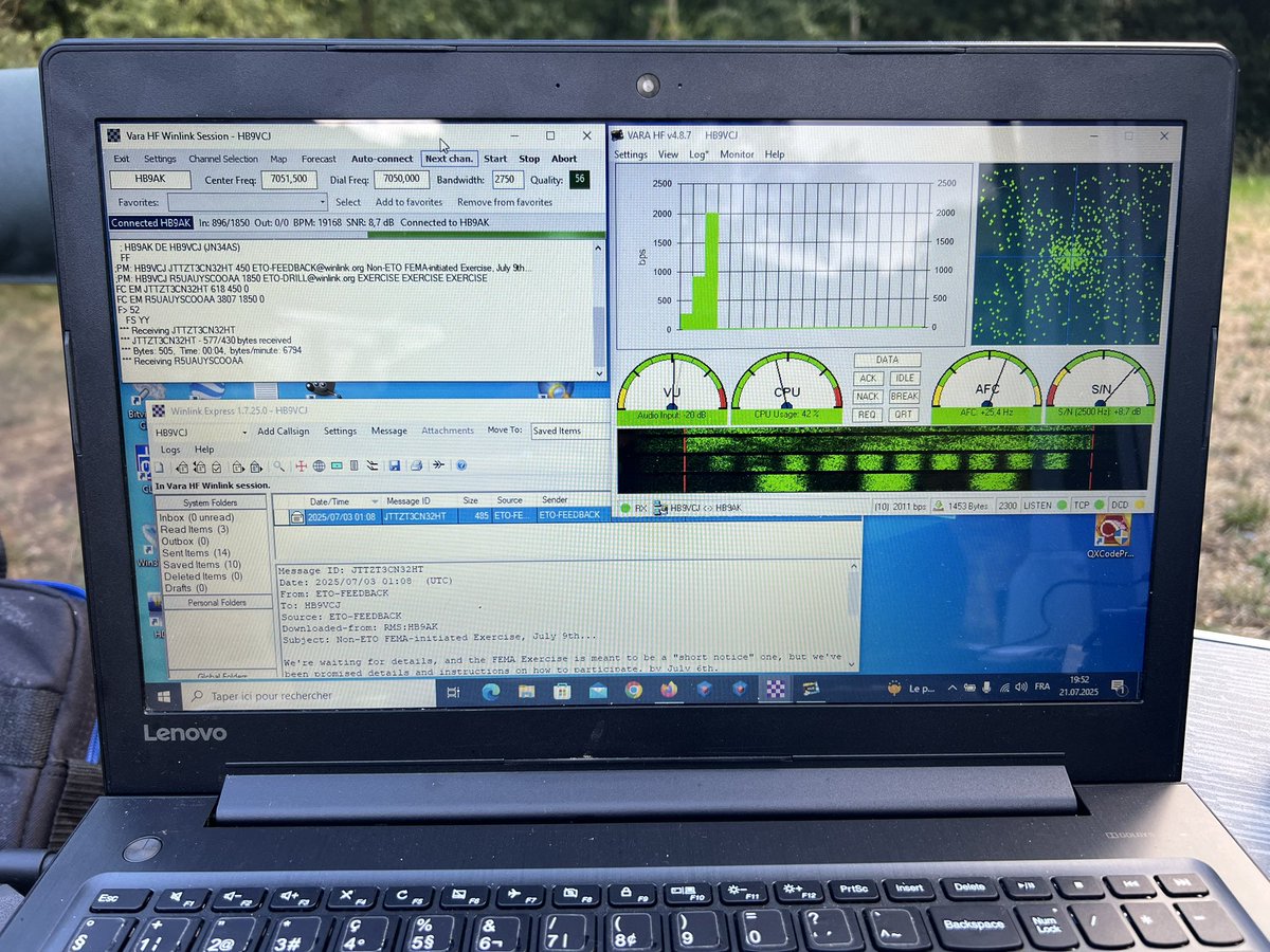 F/HB9VCJ/P
Actuellement sur 40m
Loc: JN43AS
Yaesu FT-991A
PWR: 70W
Antenne: Chameleon dipôle OCFD

Avec un envoi d’e-mail à <a href="/pjournel/">Pierre Journel</a> à travers Winlink pour lui dire que je suis QRV 😂
#hamradio #radioamateur #winlink #portable #yaesu #ft991a #chameleon