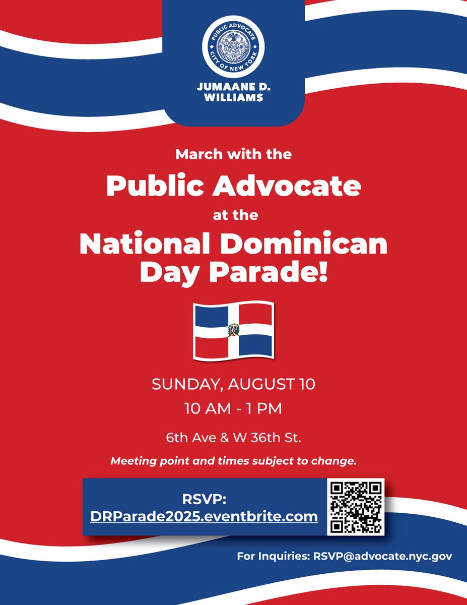 nycpa's tweet image. 🇩🇴 March with the Public Advocate at the National Dominican Day Parade!
@NatDDP's Dominican Day Parade uplifts the richness of Dominican culture and highlights the contributions of the Dominican community in NYC and beyond—a true celebration!
RSVP: DRParade2025.eventbrite.com