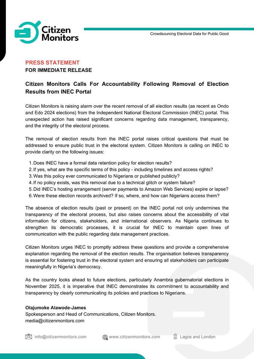 BREAKING: <a href="/CitizenMonitors/">Citizen Monitors 🗳️</a> calls on INEC over the quiet deletion of election results from its portal, including the disappearance of Ondo and Edo 2024 results, and demands accountability.

Follow <a href="/NaijaTrend_1/">Naija Trend</a>