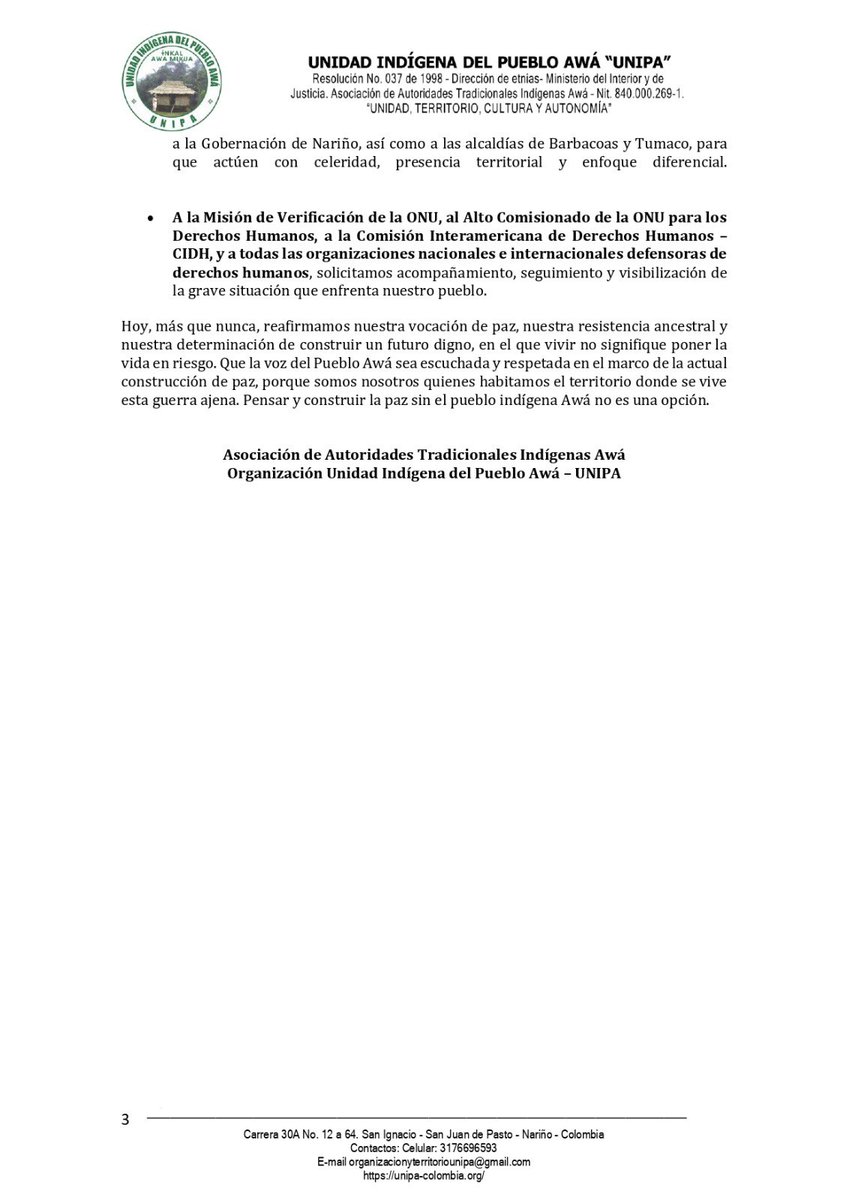 #ConsejeroMayorInforma 📢|| Mi solidaridad al Pueblo Awá por los viles ataques perpetrados por actores armados, entre el 2023 y 2025 se han registrado 145 hechos violentos en el territorio.

Desde #ONIC haremos seguimiento a la situación. Exigimos acciones por parte del Estado 🇨🇴