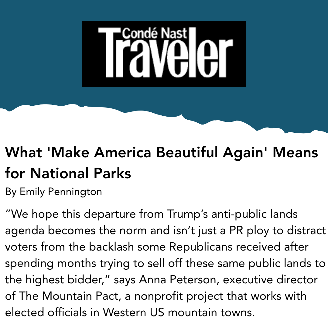 themountainpact's tweet image. ICYMI: Mountain Pact Executive Director Anna Peterson weighed in on what Trump's "Make America Beautiful Again" order means for public lands in the Condé Nast Traveler.
Read more: cntraveler.com/story/what-mak…