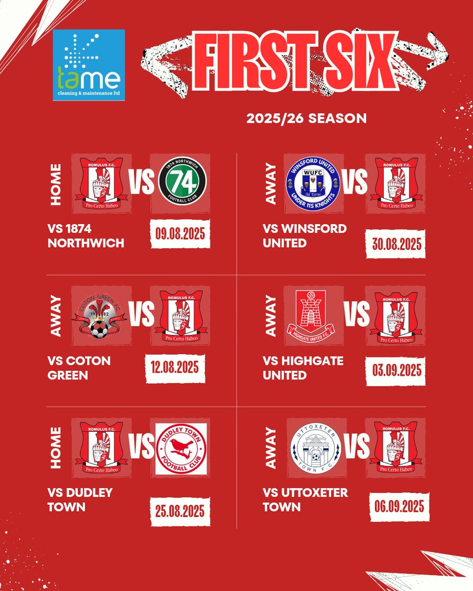 Romulus Football Club (@romulus_fc) on Twitter photo The 2025/26 Capelli Sports Midland Football League Premier Division fixtures have been announced.
Here are our first six fixtures for the forthcoming <a href="/MidlandLeague/">Capelli Sport Midland Football League</a> season, sponsored by <a href="/TameCleaning/">Tame Cleaning</a> π΄βͺοΈ #UTRs The 2025/26 Capelli Sports Midland Football League Premier Division fixtures have been announced.
Here are our first six fixtures for the forthcoming <a href="/MidlandLeague/">Capelli Sport Midland Football League</a> season, sponsored by <a href="/TameCleaning/">Tame Cleaning</a> π΄βͺοΈ #UTRs