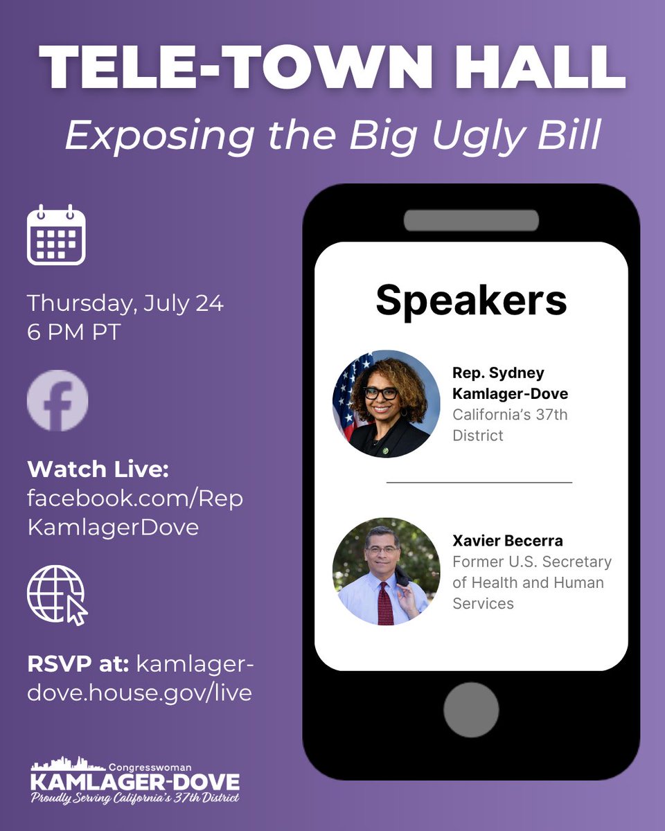 RepKamlagerDove's tweet image. Outraged by Trump and Republicans' Big Ugly Bill gutting health care & food assistance to create tax cuts for billionaires? You're not alone.
Join my Telephone Town Hall on Thursday (7/24) at 6pm PT to learn how it impacts you and your family. We will be joined by former Health…