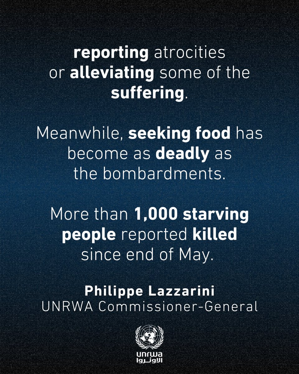 UNRWA's tweet image. "No one is spared: caretakers in #Gaza are also in need of care.
Doctors, nurses, journalists and humanitarians are hungry.
Many are now fainting due to hunger and exhaustion while performing their duties: reporting atrocities or alleviating some of the suffering.
Meanwhile,…