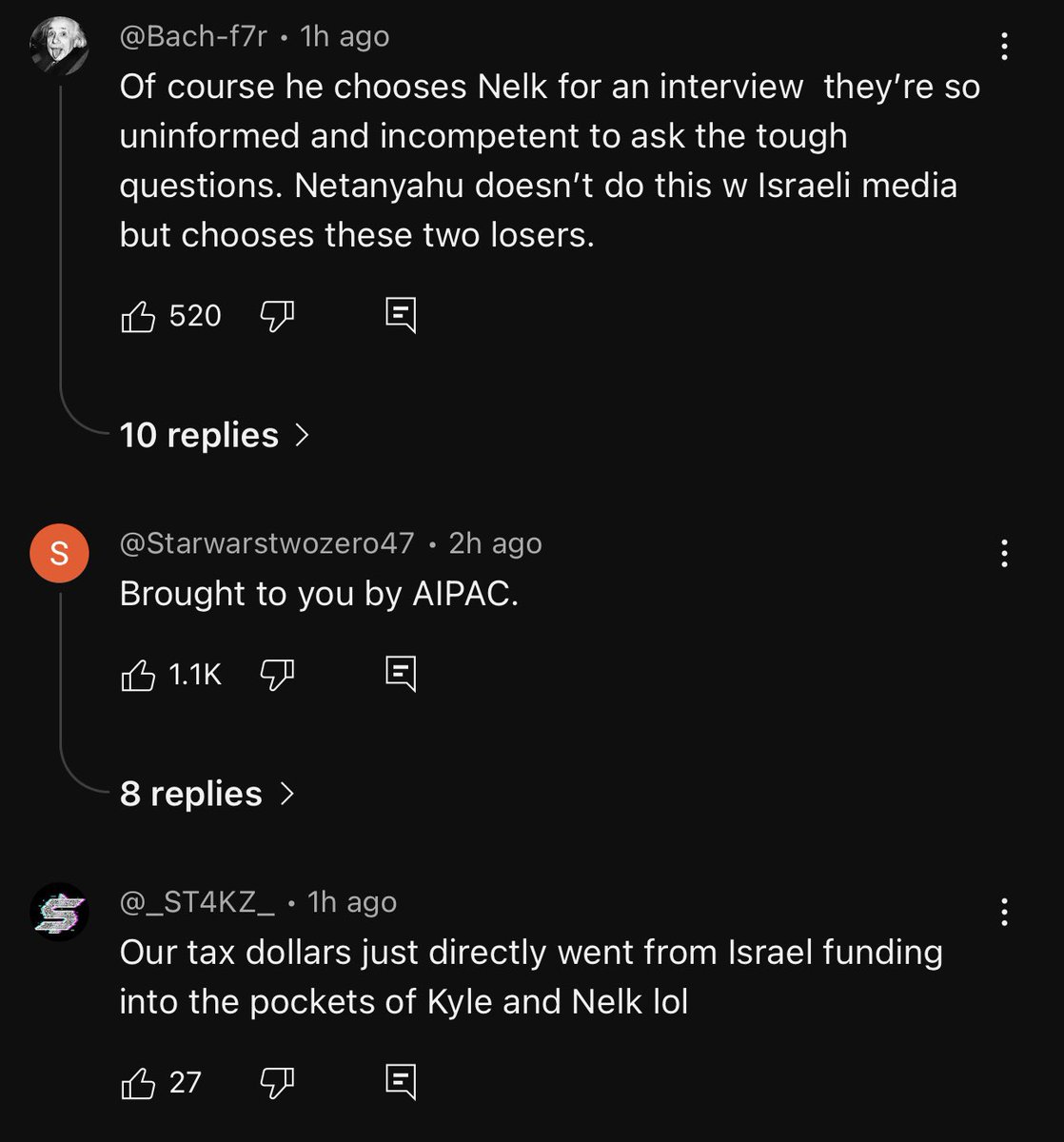 krystalball's tweet image. Comments section of @nelkboys unanimous in their disgust for this softball interview with the genocidal monster Netanyahu.
