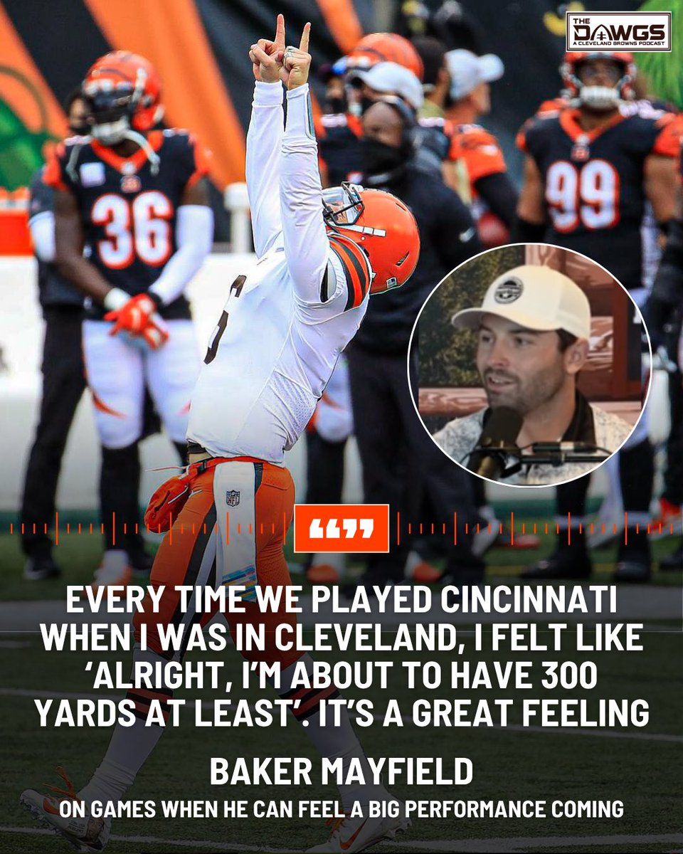 thedawgspodcast's tweet image. It’s been 3 years, and the Bengals are still catching strays from Baker Mayfield 🤣
On Pardon My Take, Baker was asked if there are certain games that just feel different when he gets on the field.
“Yeah. Like every time we played Cincinnati when I was in Cleveland, I felt…