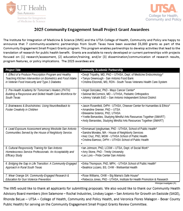 IIMS-CTSA UT Health SA (@iimsctsa) on Twitter photo 📢 Big congratulations to the 2025 Community Engagement Small Project Grant winners! IIMS & <a href="/hcaputsa/">UTSA College for Health, Community and Policy</a> are awarding $5K to 7 community-academic partnerships across South Texas. These grants support research, education & outreach that improve public health. #CTSAProgram 📢 Big congratulations to the 2025 Community Engagement Small Project Grant winners! IIMS & <a href="/hcaputsa/">UTSA College for Health, Community and Policy</a> are awarding $5K to 7 community-academic partnerships across South Texas. These grants support research, education & outreach that improve public health. #CTSAProgram