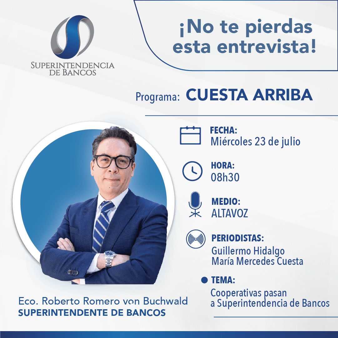 📻 ¡No te pierdas esta entrevista por <a href="/Altavozecu/">Altavozecu</a>!

El Superintendente de Bancos, Eco. <a href="/RobertoRomeroV/">Roberto Romero von Buchwald</a> hablará sobre: El proceso de transición de las cooperativas.

🗓Fecha: 23 de julio de 2025
🕗Hora: 08h30

Sigue la entrevista en vivo aquí 👉 bit.ly/4f1bYo3