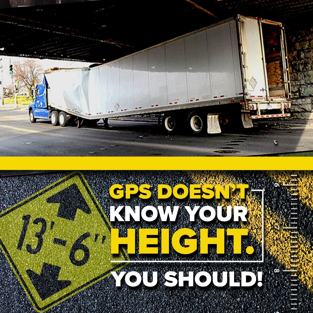 NYSThruway's tweet image. Check your height and know it's right!
Each time a vehicle hits a bridge, it's not just inconvenient; it's a safety risk, causes delays, and is expensive for everyone. GPS doesn’t know your height. You should!
