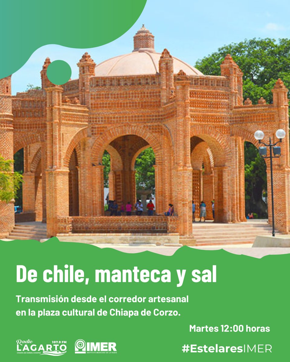 Hoy "De chile, manteca y sal" se transmite en vivo desde el corredor artesanal en la plaza cultural de Chiapa de Corzo.  🕛  A las 12:00 horas por Radio Lagarto  107.9 FM en Chiapa de Corzo, Chiapas.
🎧 Escucha en línea: s2.mexside.net/cp/widgets/pla…