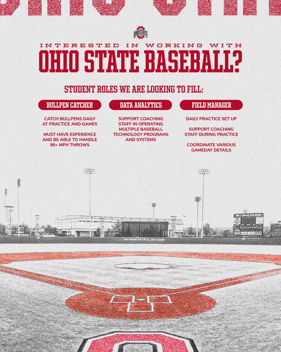 OhioStateBASE's tweet image. 🚨 We're in search of driven Ohio State students to join our team as managers and bullpen catchers to help us succeed from behind-the-scenes!
More info and application ➡️ go.osu.edu/base-manager
Questions? Contact osubuckeyebaseball@gmail.com
#GoBucks