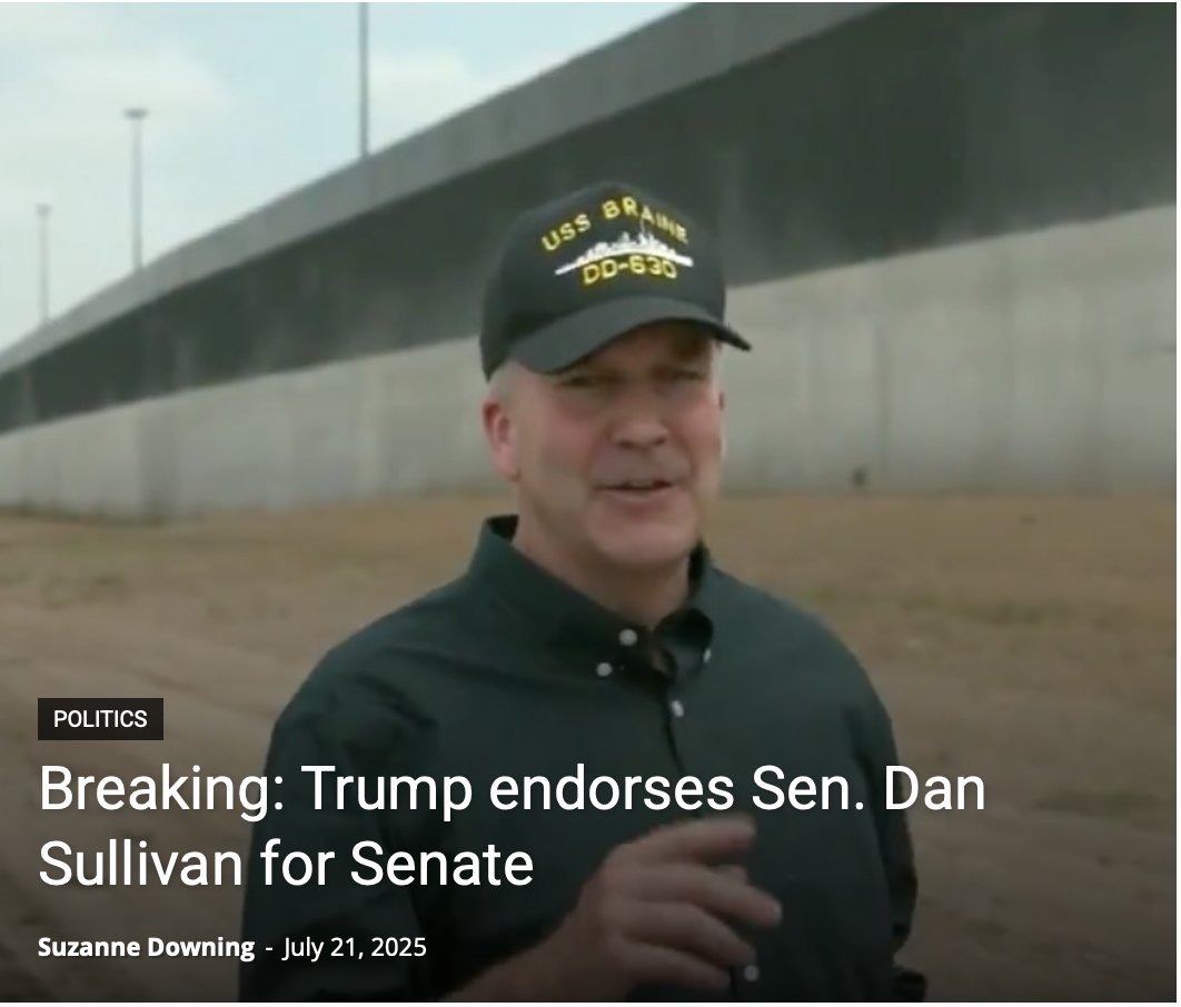 MustReadAlaska's tweet image. President Trump just endorsed Sen. Dan Sullivan for re-election, calling him a “GREAT man” who “ALWAYS delivers for Alaska.” Trump won Alaska 3 times, and now he’s backing Sullivan 100% mustreadalaska.com/breaking-trump…