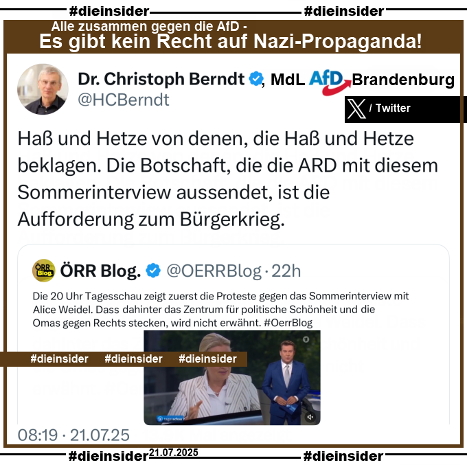 Die_Insider's tweet image. Brandenburgs rechtsextremistischer #AfD-Chef sieht das #Sommerinterview als "Aufforderung zum Bürgerkrieg"! #AfDVerbot
#LautGegenNazis #NiemalsAfD
#GemeinsamGegenHass #DieInsider