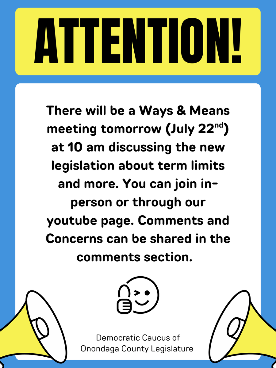 Ways &amp; Means meeting tomorrow at 10 am. You can join in-person on the 4th floor of the Onondaga County Court house or virtual through our youtube livestream linked below. 
youtube.com/@onondagacount…
