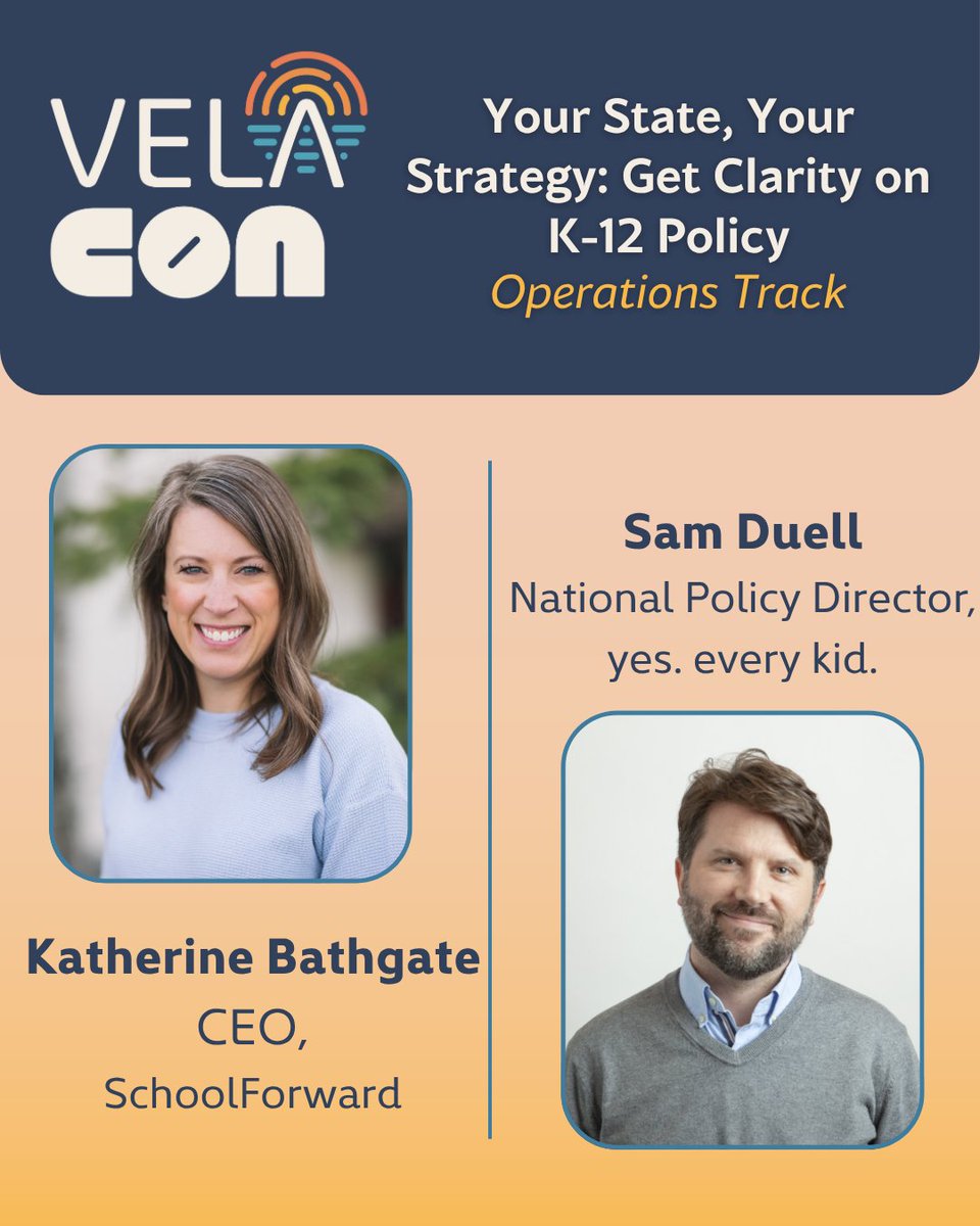 VELAorg's tweet image. ✨ VELA Con programming showcase | Operations track: “Your State, Your Strategy: Get Clarity on K-12 Policy” featuring Katherine Bathgate and Sam Duell.
---
K-12 education policy can shape—and sometimes shake—the path of founders. Whether you’re navigating funding opportunities,…