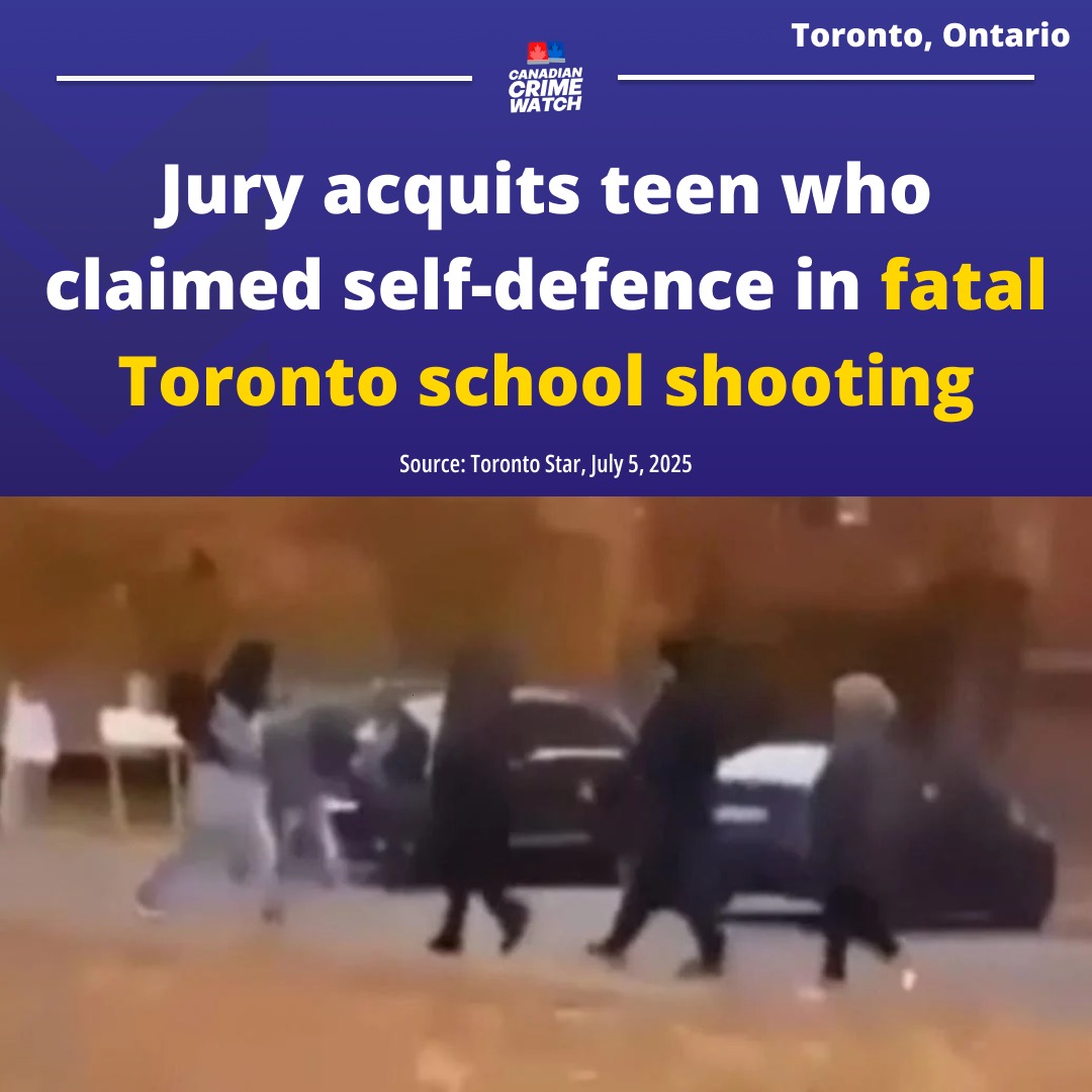 CrimeWatchCAN's tweet image. TORONTO, ONTARIO - A Toronto jury on acquitted a 20-year-old male of second-degree murder, accepting his claim that he fired four shots in self-defence, believing the victim — 18-year-old Jefferson Guerrier — was “lunging” at him with a knife outside a high school in the city’s…