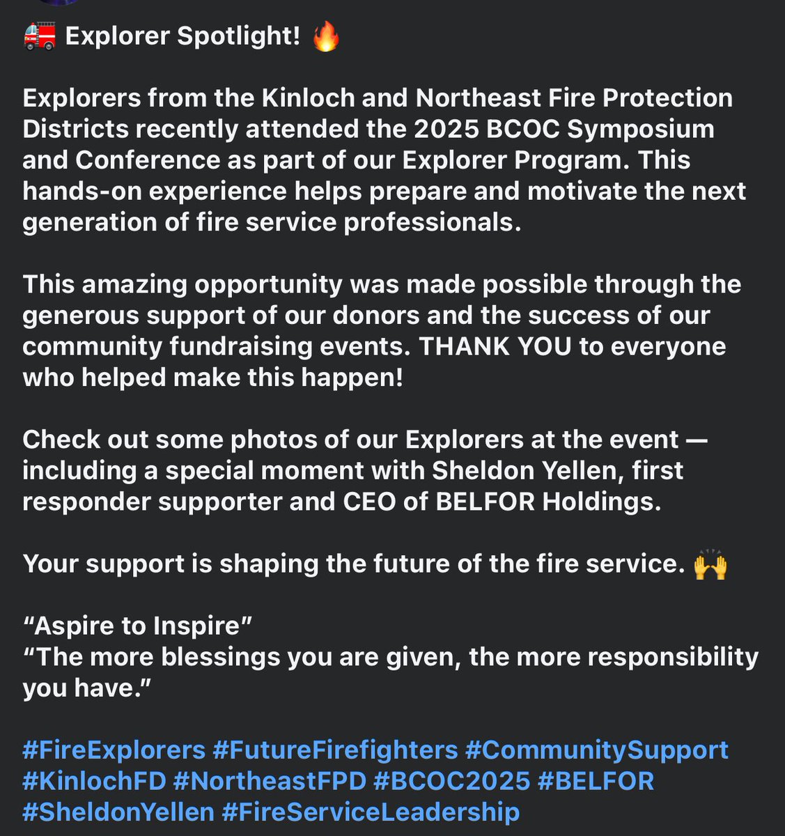 neafpd's tweet image. #FireExplorers #FutureFirefighters #CommunitySupport #KinlochFD #NortheastFPD #BCOC2025 #BELFOR
#SheldonYellen #FireServiceLeadership