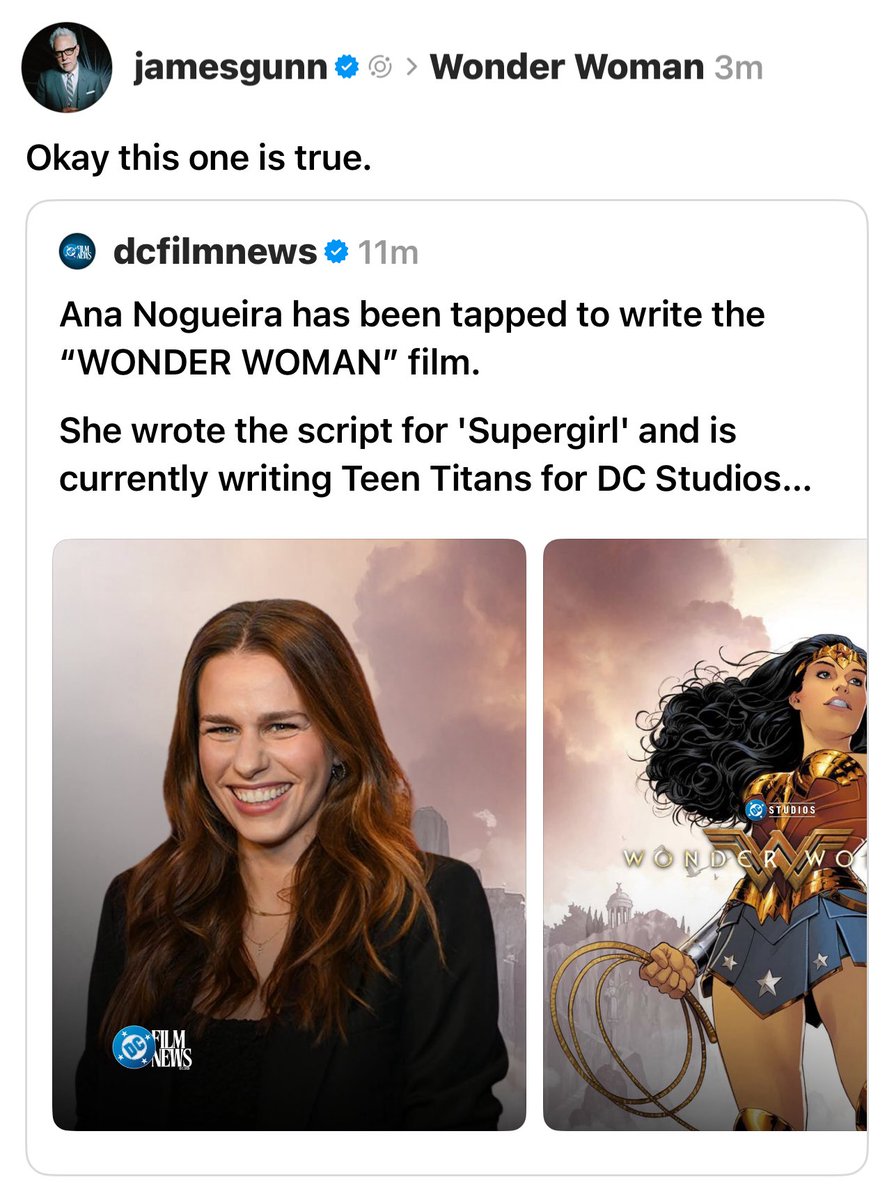 DCUSuperNews's tweet image. James Gunn confirms Ana Nogueira ('Supergirl', 'Teen Titans') is officially writing 'Wonder Woman'