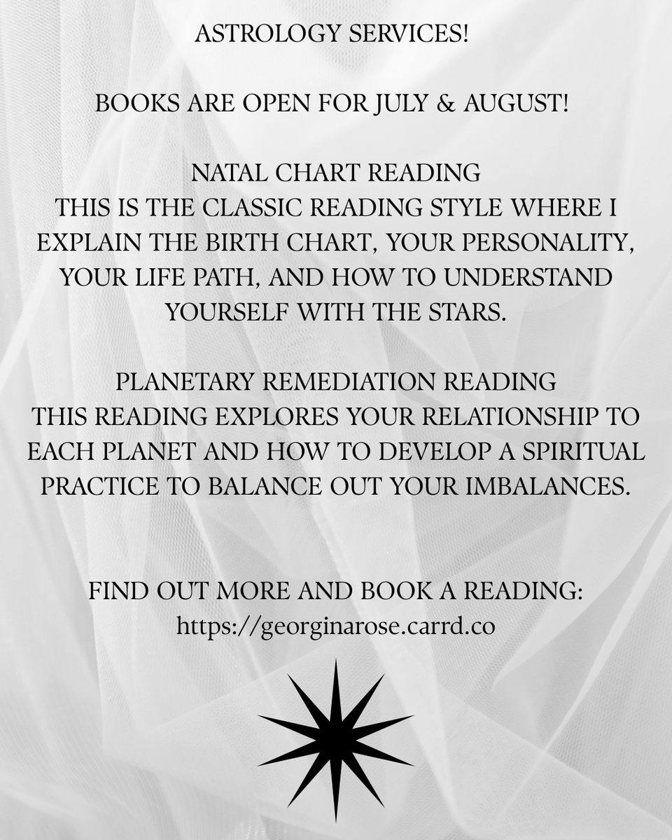 daatdarling's tweet image. I am now accepting astrology clients, for both traditional natal and planetary remediation style readings, for the last week of July, and for all of August. Check out georginarose.carrd.co to find out more and email daatdarlingcontact@gmail.com to book a slot.