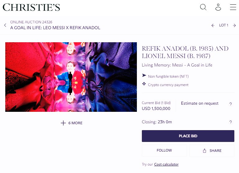 freshminddd's tweet image. $1.5M bid for
Living memory: Messi - A Goal in Life on #Christies by REFIK ANADOL
This is not a future - this is now — it’s a statement.
#NFTs are the new museums.
#CryptoArt is rewriting the rules of legacy.
#NFTs #CryptoArt #ETH #Web3 #BullRun #DigitalArt #MemesBy6529…