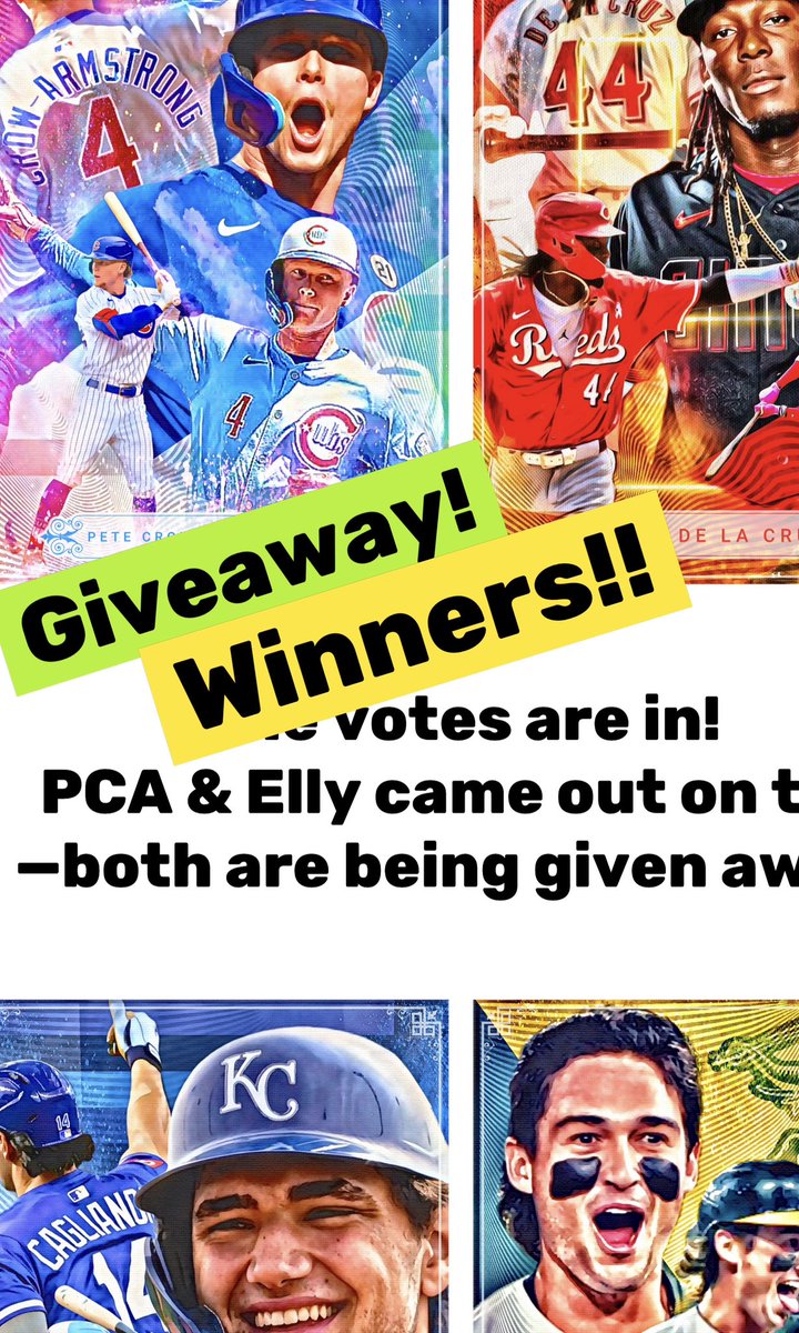 nickstarnart's tweet image. 🏆 GIVEAWAY WINNERS!
Big congrats to our two winners:
🥇 @aguilar.d21 — Pete Crow-Armstrong
🥇 @gstewie19 — Elly De La Cruz
🎉 Send me a DM with your mailing address and your custom card will be on its way!
Huge thanks to everyone who voted, entered, and showed love. Stay…