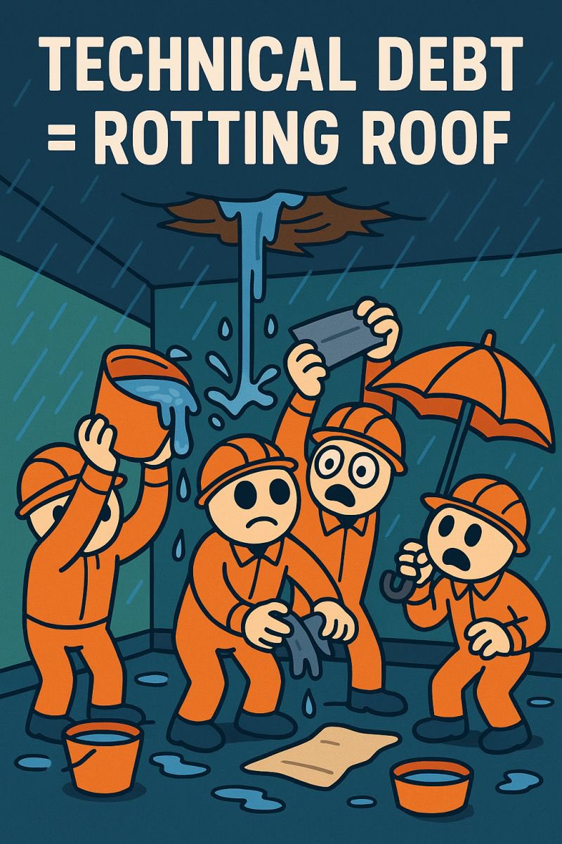 TECHNICAL DEBT is like a ROTTING ROOF

On rainy days, it's too wet to fix it.
On sunny days, there's no leak… so you ignore it.
Then one day, boom, ceiling caves in, buckets everywhere, and you're duct taping production at 2am.

That's technical debt.
Not just messy code. Not