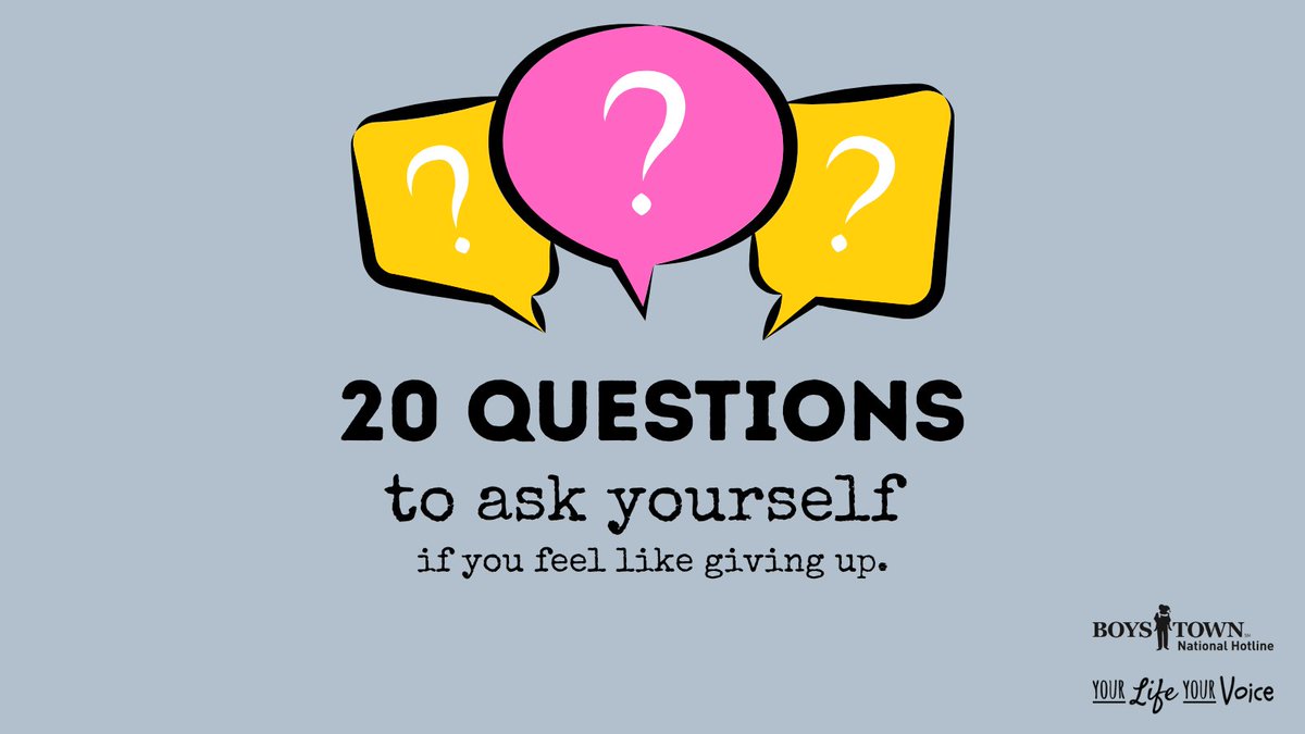 20 questions to ask yourself if you’re feeling hopeless, helpless, or just down in the dumps. bit.ly/YLYV20Questions
We are here to help. Our hotline specializes in talking with kids, teens, and young adults. Call 800-448-3000 or TEXT VOICE to 20121. yourlifeyourvoice.org