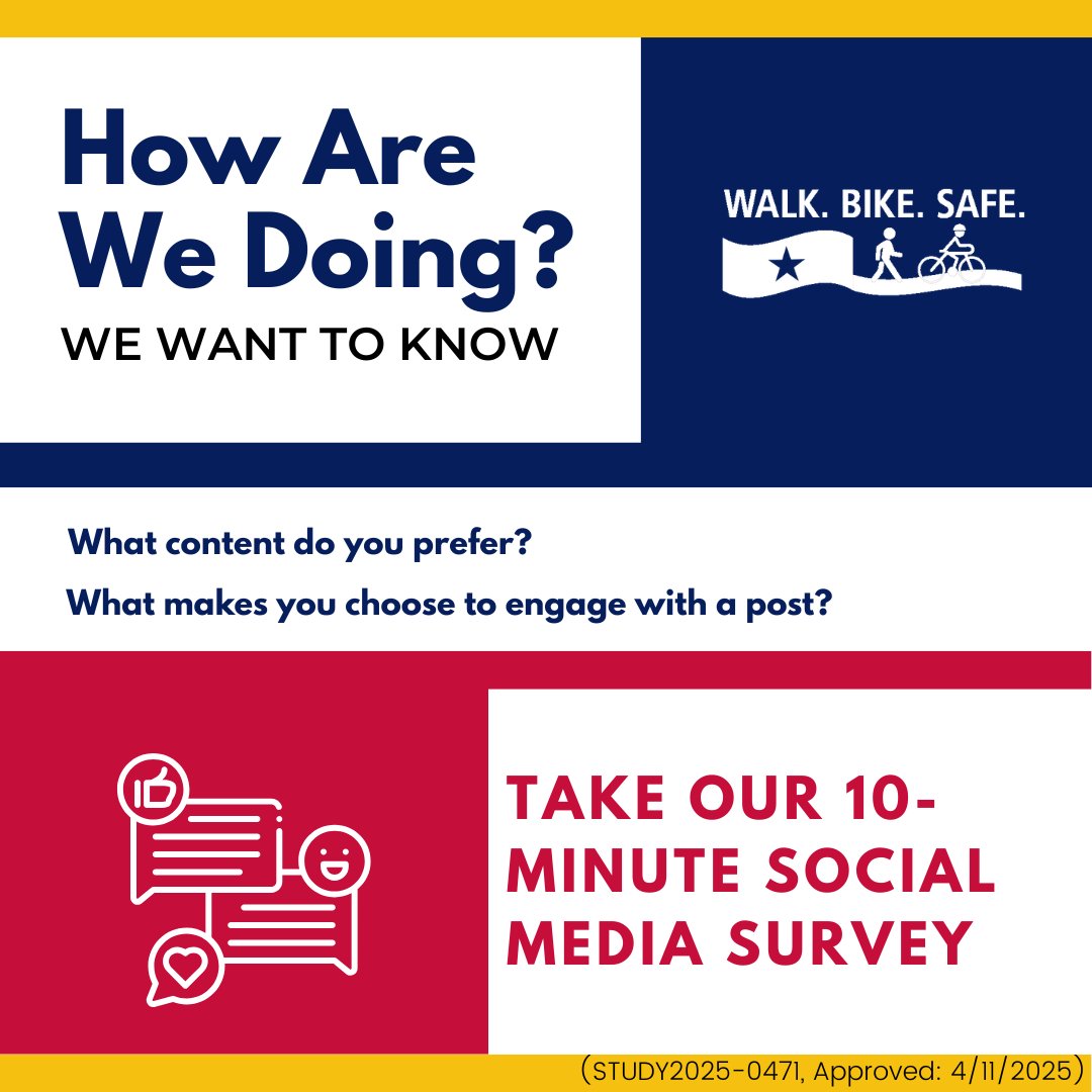 WalkBikeSafeTX's tweet image. Let us know what you think by taking our social media preferences survey. #EndTheStreakTX #drivelikeatexan
tti.qualtrics.com/jfe/form/SV_56…