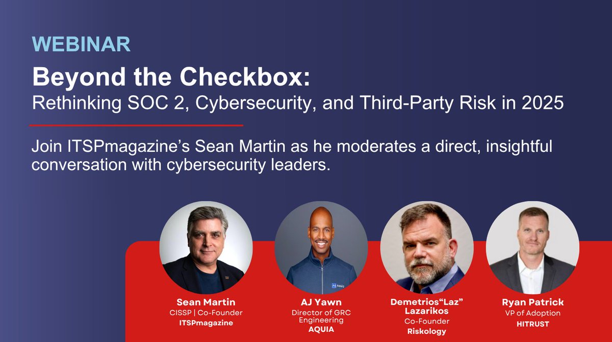 HITRUST's tweet image. #SOC2Compliance doesn’t automatically equal security. It's time to rethink. Join cybersecurity experts on July 31 at 10:30 AM CT to discover why relying on #SOC2 can create critical gaps and how to move beyond checkbox compliance.
Reserve your spot today. hubs.ly/Q03y58zF0