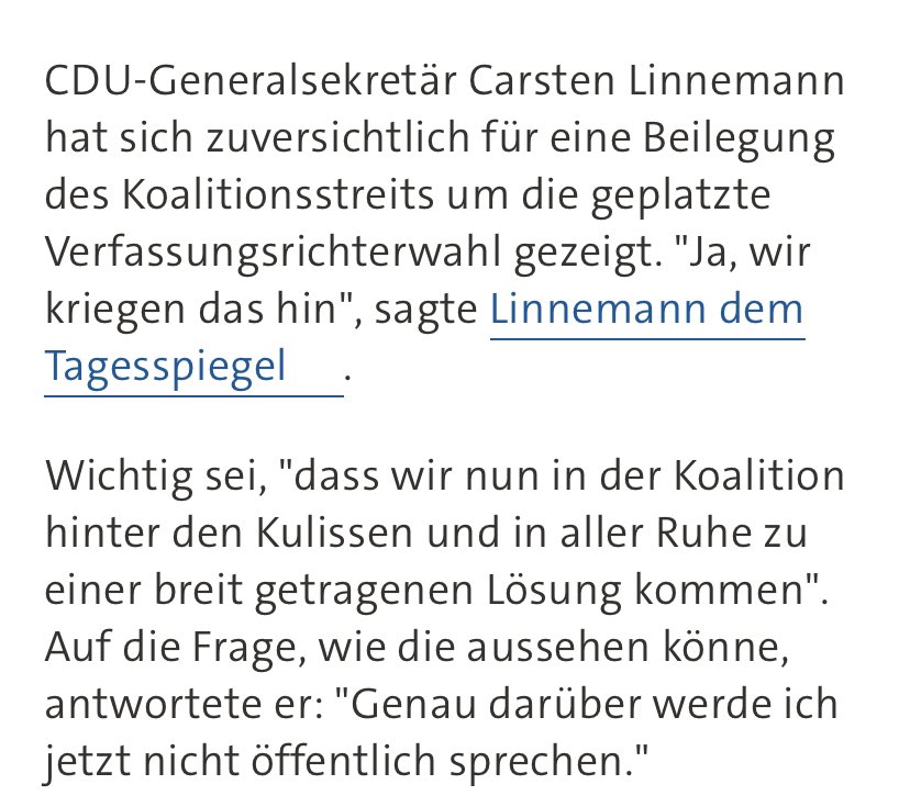 markus_bublitz's tweet image. Ich möchte CDU Generalsekretär Linnemann gerne daran erinnern, dass eine 2/3 Mehrheit für die Richterinnenwahl erforderlich ist und dass es sich hier nicht nur um ein innerkoalitionäres Problem handelt.
@fbrantner @fbanaszak @BriHasselmann @katdro