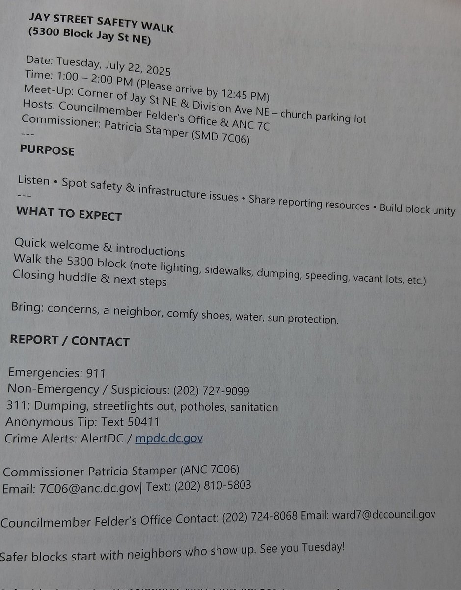Stamper4DC's tweet image. 🦺 Jay Street Safety Walk / Caminata de Seguridad Jay Street
📅 Tue 7/22 • 1 PM (arrive/llegar 12:45)
📍 Jay St & Division Ave NE (church/iglesia lot)
👤 Comm’r/Comis. Patricia Stamper
👀 Spot/report lighting, sidewalks, dumping, tráfico, aceras, basura. All vecinos welcome!