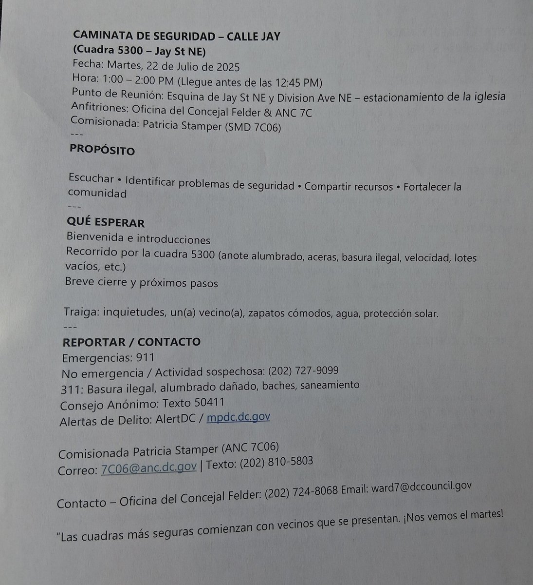 Stamper4DC's tweet image. 🦺 Jay Street Safety Walk / Caminata de Seguridad Jay Street
📅 Tue 7/22 • 1 PM (arrive/llegar 12:45)
📍 Jay St & Division Ave NE (church/iglesia lot)
👤 Comm’r/Comis. Patricia Stamper
👀 Spot/report lighting, sidewalks, dumping, tráfico, aceras, basura. All vecinos welcome!