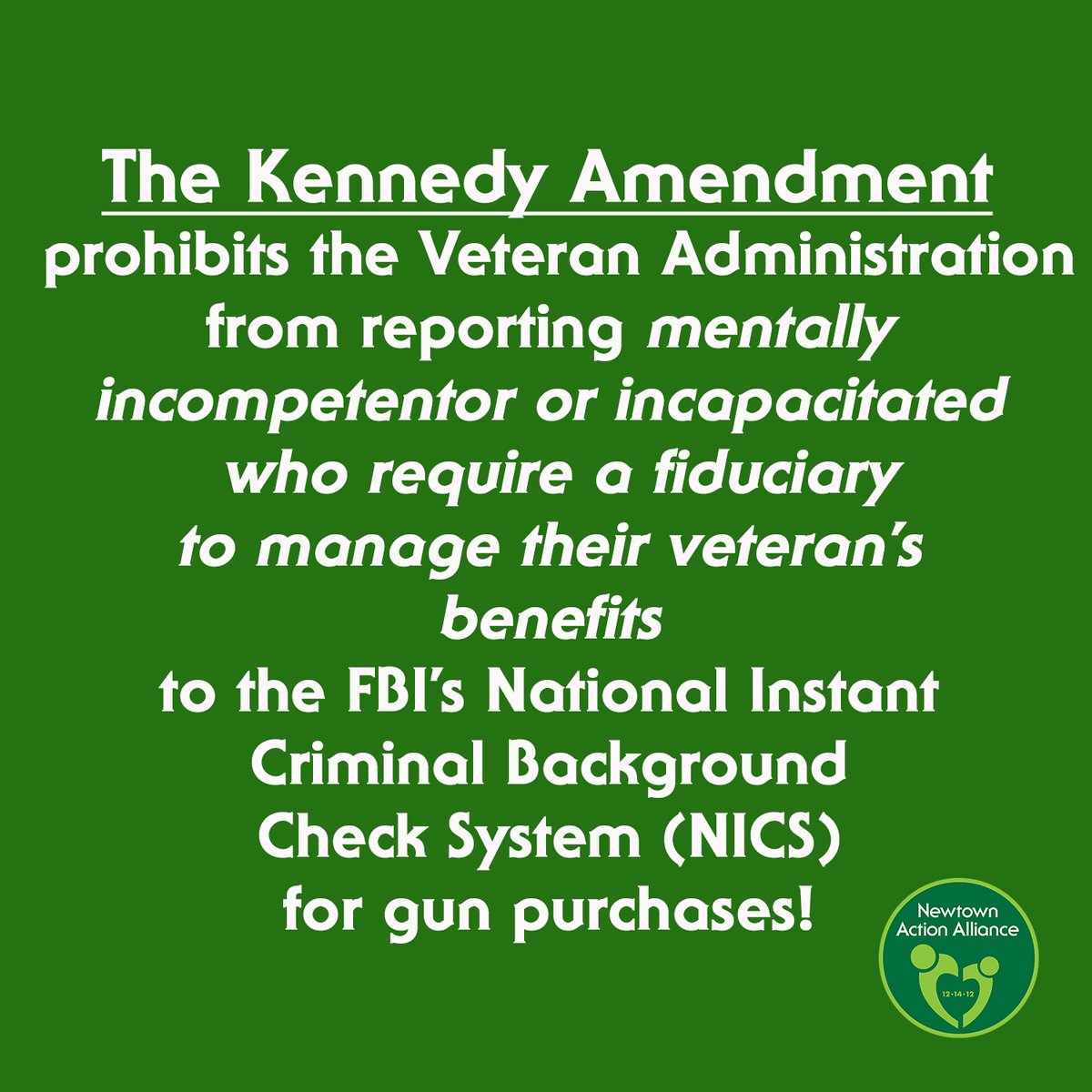 NewtownAction's tweet image. Help us stop the gun lobby's Kennedy Amendment in the FY2026 Senate Appropriations Bill!
Email your Senators to tell them to strip the dangerous amendment from the funding bill to protect our veterans from gun suicides & homicides.
secure.everyaction.com/1yq4n7Ua8E6llc…