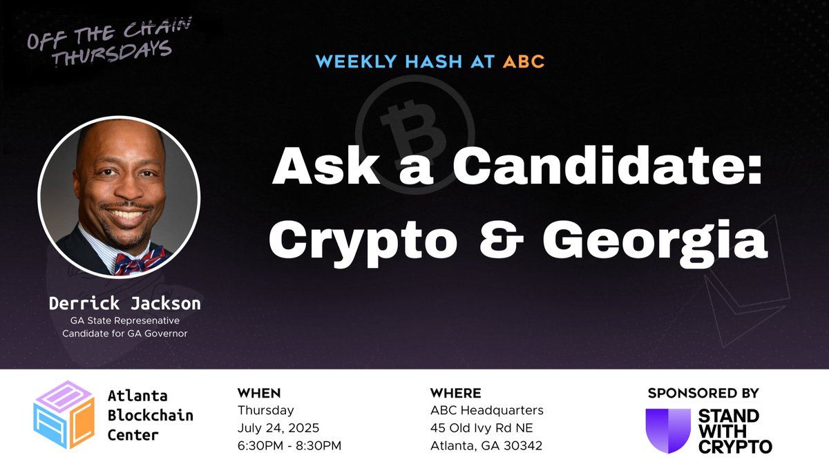 AtlantaChain's tweet image. This Week at Off The Chain Thursday 🚀
We’re bringing in Derrick Jackson, candidate for Governor of Georgia (2026), for a real conversation about the future of crypto and blockchain in our state.
What would Georgia look like under his leadership?
We’re asking the big questions:…