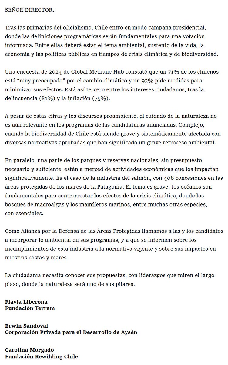 RewildingChile's tweet image. [CARTAS AL DIRECTOR] Tema ambiental en la campaña | vía @latercera latercera.com/cartas-al-dire…