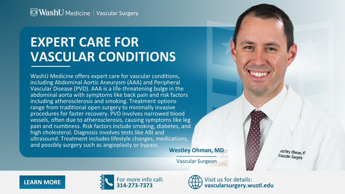 WashU Medicine's vascular surgeons provide advanced care for arterial and venous conditions, including abdominal aortic aneurysms and peripheral vascular disease. 

Schedule your appointment today:
bit.ly/3ZTrMD4

#WashUMedicine #WashUSurgery