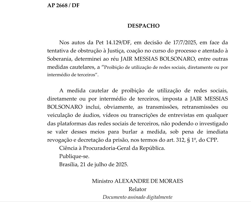 eixopolitico's tweet image. 🇧🇷 AGORA: Em nova decisão, ministro Alexandre de Moraes diz que Jair Bolsonaro pode ser preso em caso de entrevistas ou lives transmitidas em suas redes sociais ou de terceiros.