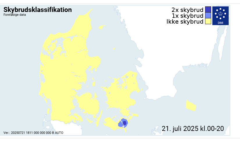 Der er på Falster nu målt 2* skybrud,, dvs mere end 30mm regn på 30mm, samtidigt er der de seneste 6 timer faldet mere end 50mm samme sted.