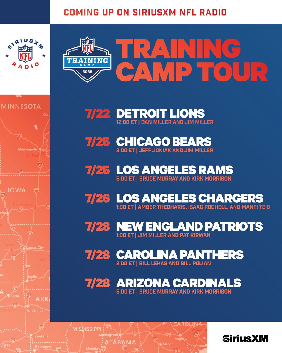SiriusXMNFL's tweet image. We are hitting the road ✈️🚗 🚌
2025 Training Camp Tour kicks off this week!
📻 sxm.app.link/NFLTrainingCam…
#OnePride | #DaBears | #RamsHouse | #BoltUp | #NEPats | #KeepPounding | #BirdGang
