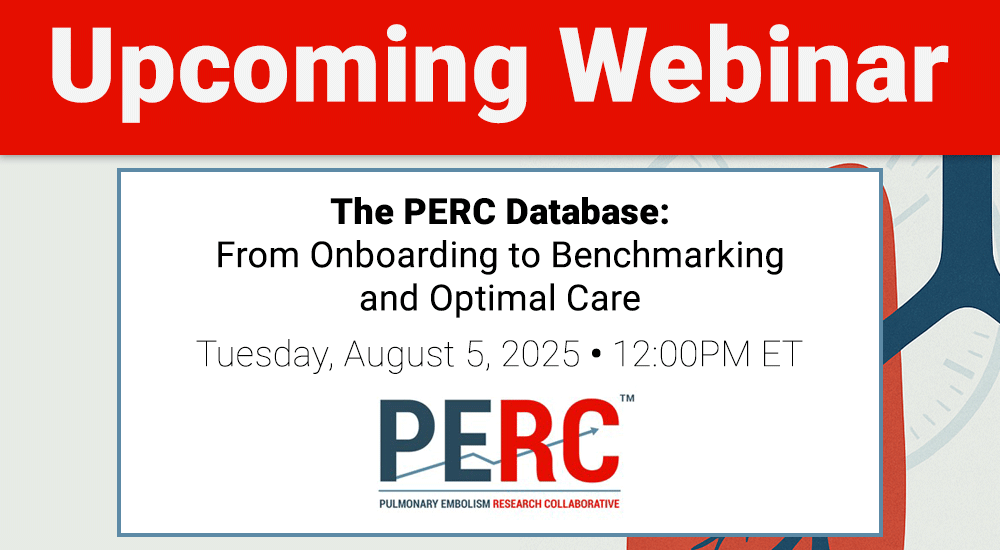PERTConsortium's tweet image. Join us on Tuesday, August 5 at 12PM ET for a deep dive into the PERC Database, the only quality assurance registry purpose built for pulmonary embolism.  

We&apos;ll cover onboarding, data entry, benchmarking, research applications, and more.  Register Now: csavevents.zoom.us/webinar/regist…