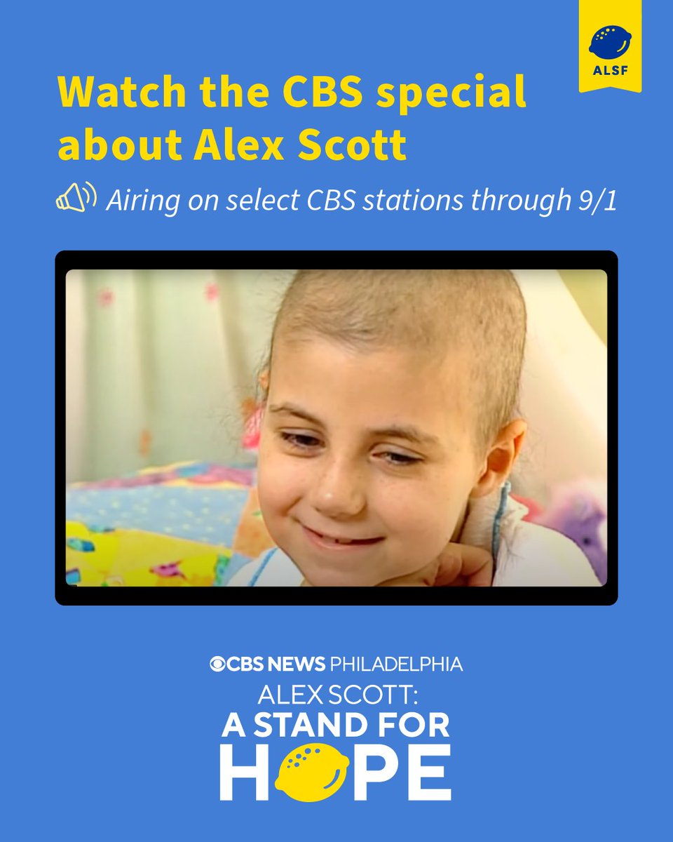 AlexsLemonade's tweet image. We interrupt your regularly scheduled programming with a special announcement! 📣
The Emmy-award winning CBS Philadelphia documentary, "Alex Scott: A Stand For Hope" will be airing in various US markets through 9/1 🎥 Follow the incredible story of Alex's life and her first…