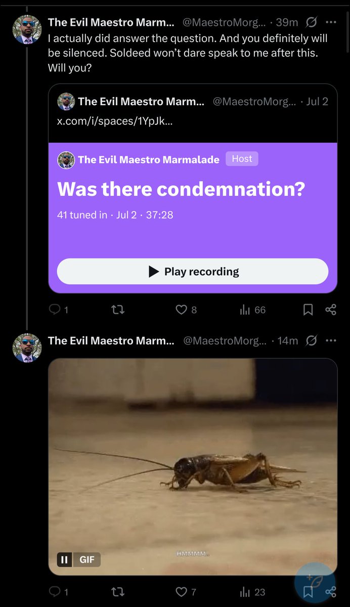 Soldeed (@soldeeed) on Twitter photo Just a suggestion <a href="/MaestroMorgan17/">The Evil Maestro Marmalade</a> but maybe it better to post this somewhere other than a place you know full well I can't reply and then pull out your silly little crickets meme.
Disingenuous bad faith coward. Just a suggestion <a href="/MaestroMorgan17/">The Evil Maestro Marmalade</a> but maybe it better to post this somewhere other than a place you know full well I can't reply and then pull out your silly little crickets meme.
Disingenuous bad faith coward.