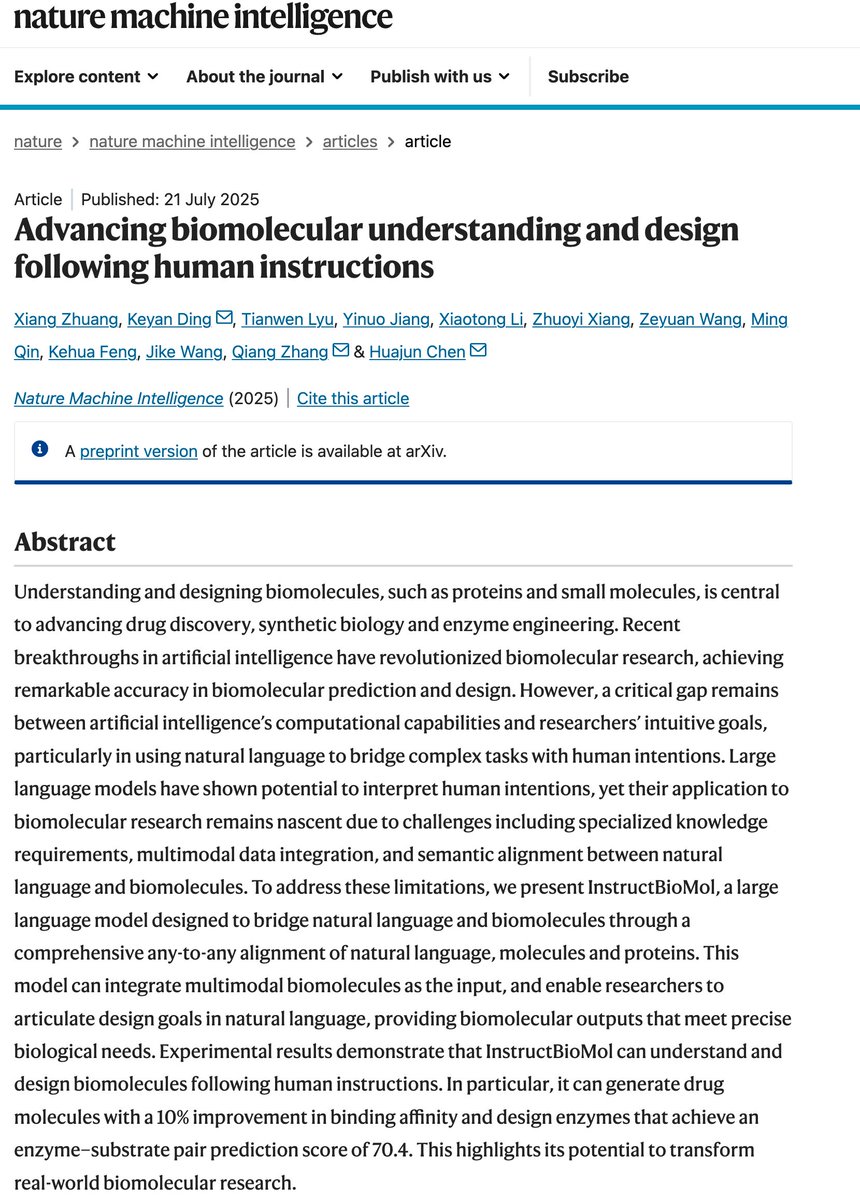 aipulserx's tweet image. Can artificial intelligence bridge the gap between human intentions and biomolecular design to revolutionize drug discovery and enzyme engineering?@NatMachIntell
"Advancing biomolecular understanding and design following human instructions"
• Recent AI breakthroughs like…