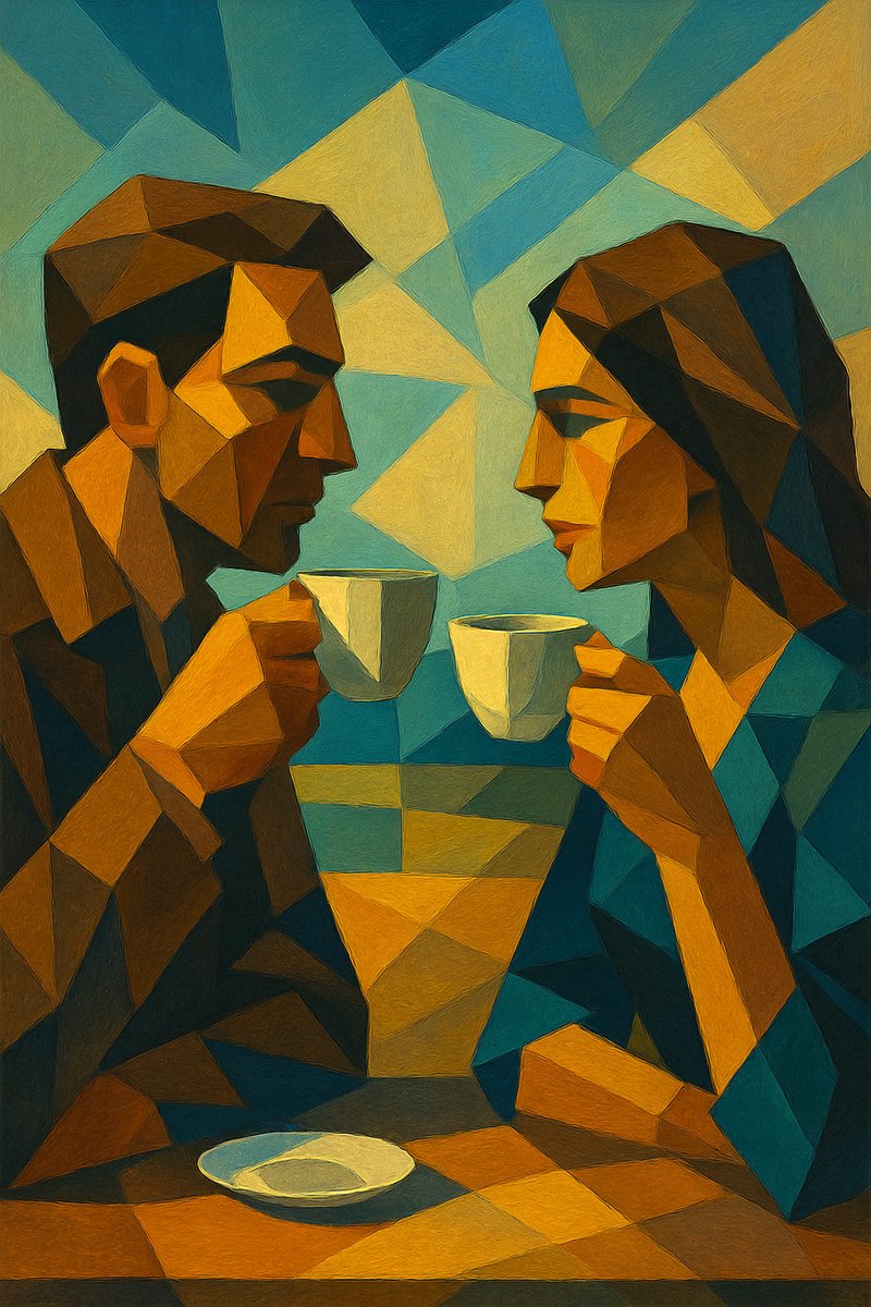 artyamazing's tweet photo. Two souls meet in golden silence, sharing warmth through coffee and geometry.
———
Even $5 helps me keep creating moments like this.
 https://t.co/L4xCmhYbHt
———
#Cubism #DigitalArt #QuietMorning #SupportArtist #EmotiveArt #Coffee https://t.co/dJcPWGQDg6