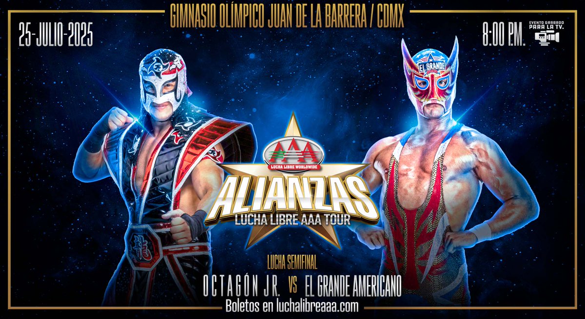 MPenaAAA's tweet image. Este viernes, OCTAGÓN JR. vs EL GRANDE AMERICANO en Ciudad de México 🇲🇽
Gimnasio Olímpico Juan de la Barrera. Evento grabado para TV de la gira #AlianzasAAA 💫
Boletos disponibles en @boletomovil @luchalibreaaa