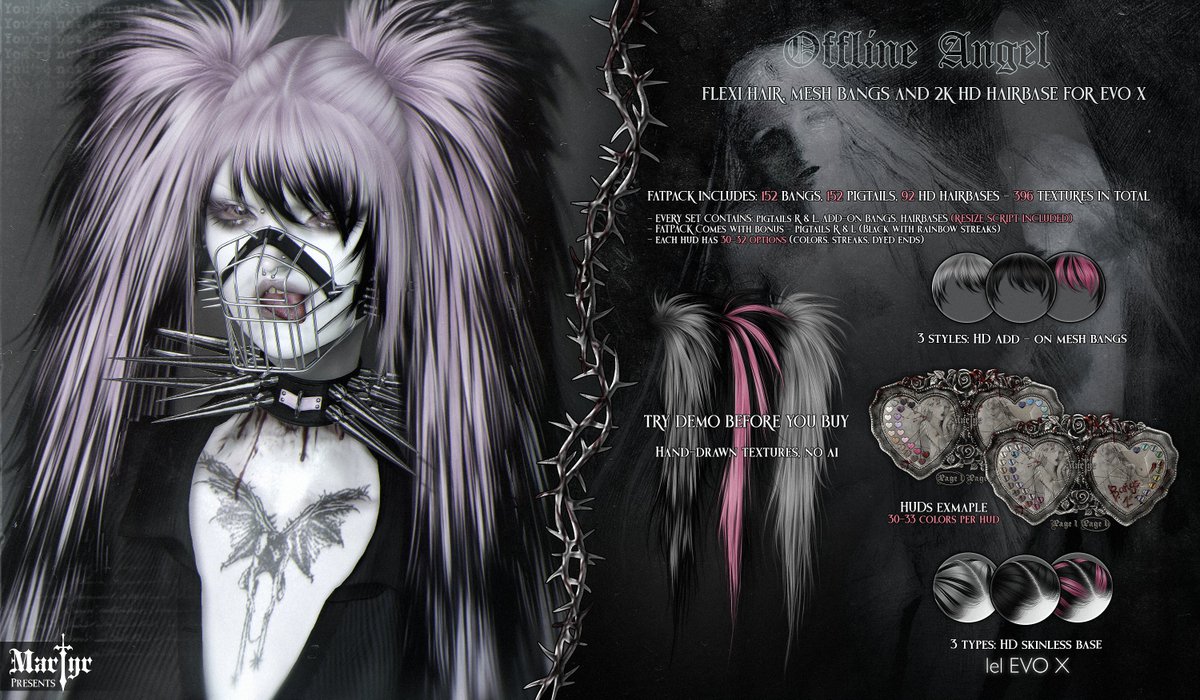 MelseMartyr's tweet image. New release!
⋅────⊱༺ ♰ ༻⊰────⋅
♰ Martyr + Offline Angel hair @ Sabbath event
♰ Opens July 21st
TP: maps.secondlife.com/secondlife/SAB…