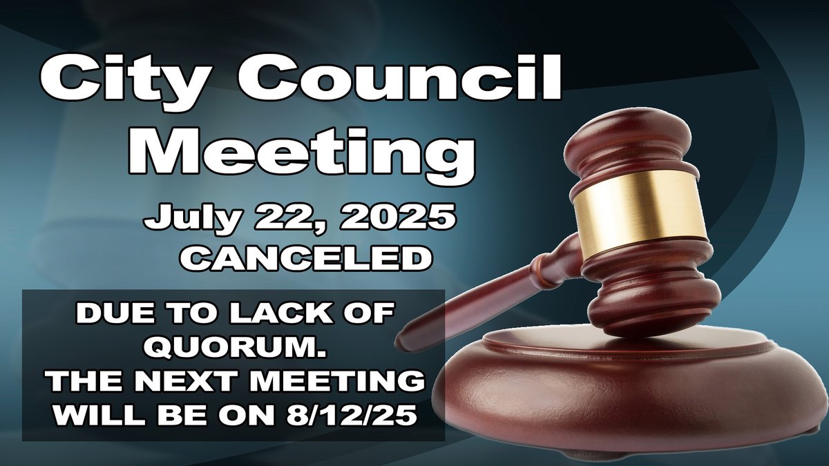 hawthorneCAL's tweet image. The regular scheduled Council Meeting of July 22nd is cancelled due to a lack of quorum.
The next meeting will take place on August 12, 2025.