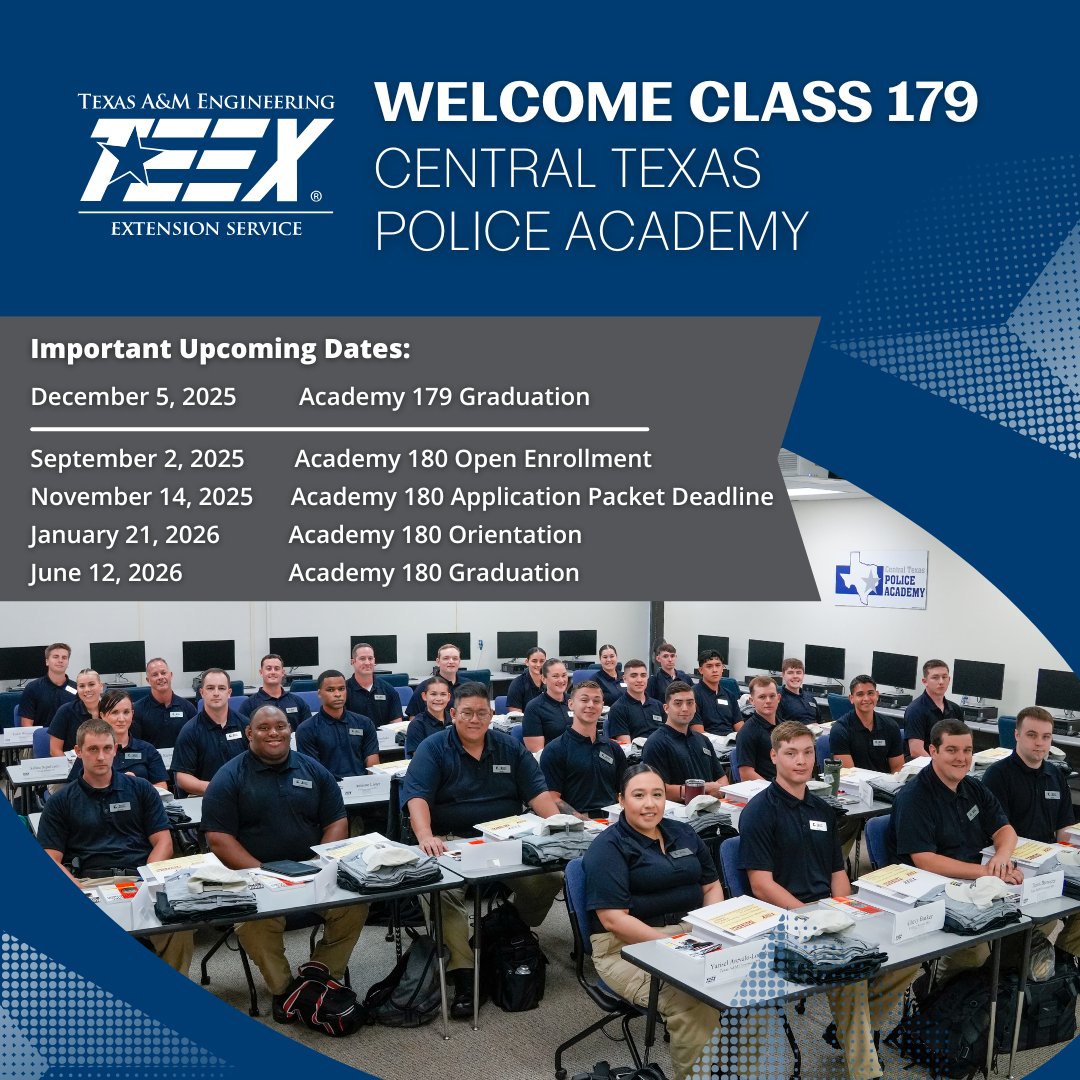 TEEX is pleased to welcome Class 179 of the Central Texas Police Academy! Today is their first day and we are excited to have them!

Are you interested in becoming a peace officer? Check teex.org/class/tpa100/ for important deadlines coming soon.

#CTPA179 #NewCadets